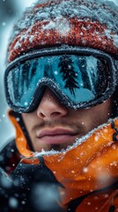 Wall Mural - A man wearing a red and orange hat and goggles is standing in the snow