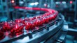 © NDmCX-Nic - Jars of red fruit moving on a conveyor belt in a factory setting.