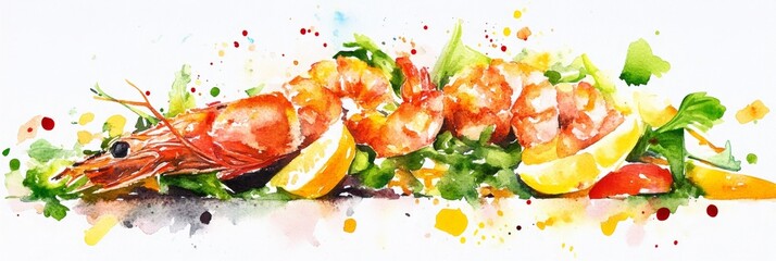 Watercolor painting of a shrimp, lemon and greens.