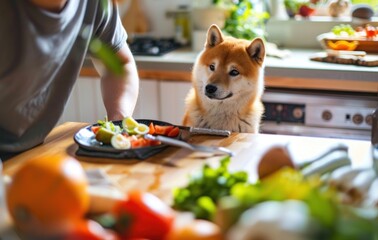 Wall Mural - A person is cutting up vegetables on a table while a dog watches. The dog is looking at the person and seems to be interested in the food