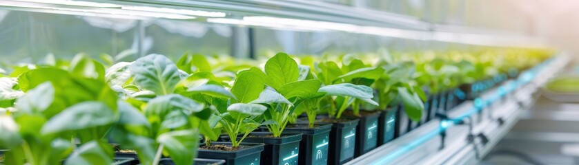 A vibrant indoor garden displaying rows of healthy green plants under soft light, showcasing growth and sustainability in urban farming.