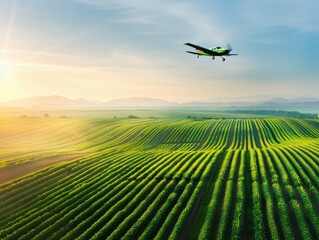 Aerial view of a colorful farm with rows of crops and a plane flying above, capturing agricultural beauty at sunrise.