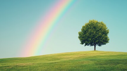 Poster - Rainbow over a solitary tree in a green field