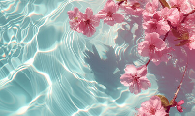 Water background. Pink aqua texture, surface of ripples, transparent, flower, shadows and sunlight. Spa and cosmetic concept background. Flat lay, top view, copy space