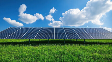 Solar panel under the sunlight in the hills with green fields. 