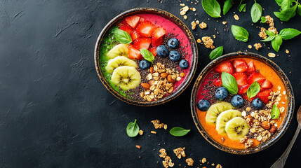 Fruits smoothies with granola and any kinds of fruits as topping in a bowl. Copy space for healthy life campaign.