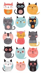 Canvas Print - Collection of Illustrated Cats with Various Expressions and Patterns