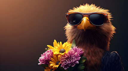 Canvas Print - A stylized eagle wearing sunglasses, holding a bouquet of colorful flowers.