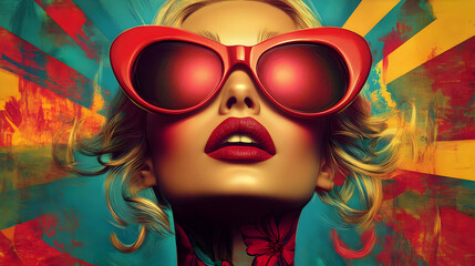 Sticker - A vibrant portrait of a woman with bold sunglasses and floral tattoos, embodying modern style.