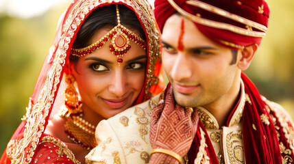 Wall Mural - Indian wedding couple in a traditional pose with bride leaning on groom's shoulder