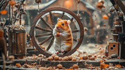 Wall Mural - A Golden Hamster Eating a Nut in a Wooden Wheel