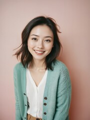 Wall Mural - Beautiful asian woman wearing cardigan in pastel color look with paster background.