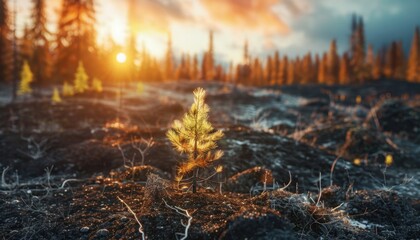 New growth emerges from charred earth at sunset in a forest recovering from wildfire