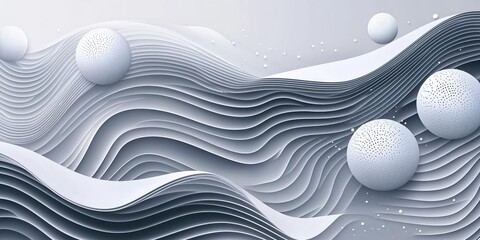 Wall Mural - abstract white and grey wavy background with spheres floating on it, creating a modern and minimalis