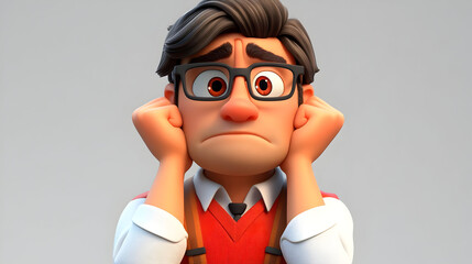 Poster - A cartoon character with glasses looks worried, resting his face on his hands.