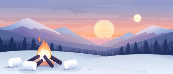 Bonfire scene with marshmallows, flat design, basic shapes, 2D vector art, light pastel colors