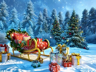 A snowy holiday landscape with a decorated sleigh, colorful presents, and a backdrop of snow-covered pine trees under a starlit sky.