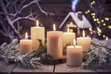 Candles for cold weather. Cosy winter evening or winter holidays celebration concept