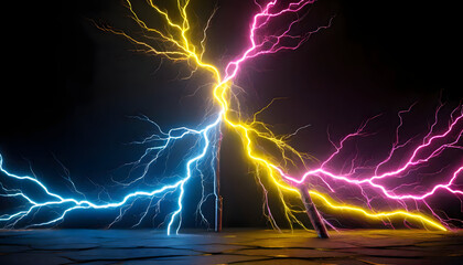 lightning in the night.neon lightning bolts in vivid yellow, blue, and pink colors, set against a pitch-black background. The neon bolts should symbolize energy and electric power, with their bright g