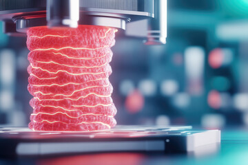 Poster - Explore the cutting-edge of biomedical technology with holographic tissue engineering in a neon-accented ultra-modern lab, showcasing innovation and advanced research techniques.