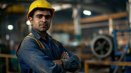 Wall Mural - Confident Male Engineer in Safety Gear Standing with Arms Crossed in Industrial Factory