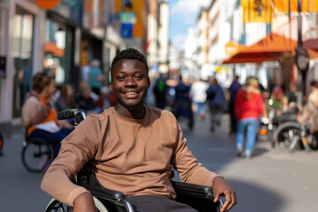 Black African-American disabled person portrait in a wheelchair smiling and looking at camera in the street. Disabled people being positive and enjoying life concept