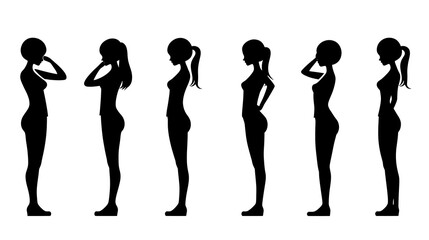 Silhouette illustrations of a woman in various poses.