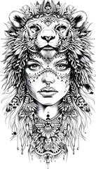 Wall Mural - Tribal Beautiful womans face wearing lion costume illustration