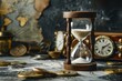 © AminaDesign - A vintage hourglass is displayed with antique clocks and rare coins, symbolizing the passage of time and the rich tapestry of human history and diverse cultures that have shaped our world