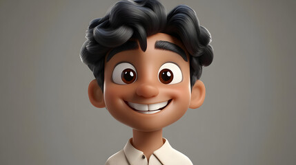 Wall Mural - A cheerful animated character with curly hair and a big smile, wearing a light-colored shirt.