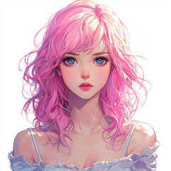 Wall Mural - portrait of anime girl in close-up. Anime girl with beautiful pink hair is smiling happily. Bright colorful abstract background. girl smiles and laughs