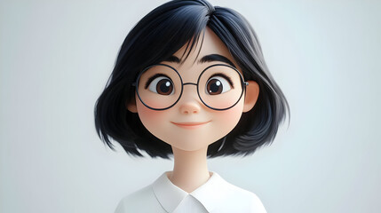 Canvas Print - A cheerful animated character with glasses and a bob haircut, smiling warmly.