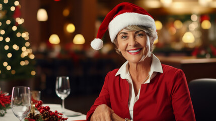 Portrait of a happy smiling mature caucasian woman wearing a Santa hat and formal dress having Christmas dinner in an elegant restaurant with Christmas eve decor