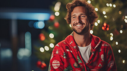 Portrait of a young caucasian 40 year old man wearing a Christmas-themed pajama relaxing on a couch at home on Christmas night with a Christmas tree in background