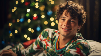 Portrait of a young caucasian 20 year old man wearing a Christmas-themed pajama relaxing on a couch at home on Christmas night with a Christmas tree in background