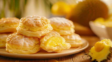 Durian cake, pastries, everyday snacks, arepa food. Bokeh in the background.