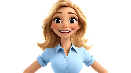 Poster - A cheerful animated character with blonde hair, wearing a light blue shirt, smiling warmly.