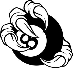 Sticker - An eagle or monster animal claw or talon hand with claws or talons holding a pool billiards black 8 ball.