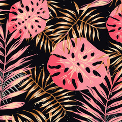 Pink and gold tropical leaves on a black background seamless pattern