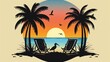 © didar - Tropical summer beach logo icon with palm trees, umbrella and daybed at seaside with sun and flying gulls. Isolated vector emblem for summer travel