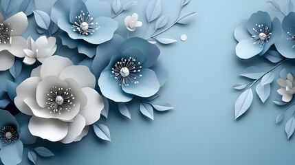 Poster - A serene arrangement of blue and white paper flowers on a soft blue background.