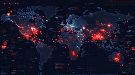 Global Network Security System with Red Alerts on a World Map