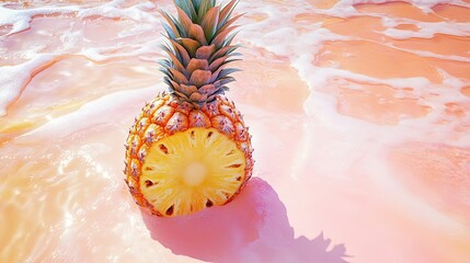 Wall Mural - A Sliced Pineapple Floating in Pink Foamy Water