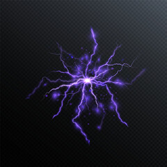 Wall Mural - Bright lightning. Realistic lightning on transparent background. Explosion of energy with many ball lightning. Vector for web design and illustrations. Lightning PNG.