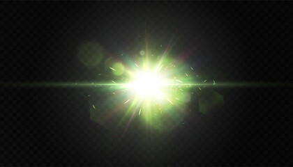 Wall Mural - Bright green light effect. Bright flare light lens. Glow effect. Starry flares with shimmering highlights. Beautiful shimmering highlights light effect. Vector 10 EPS