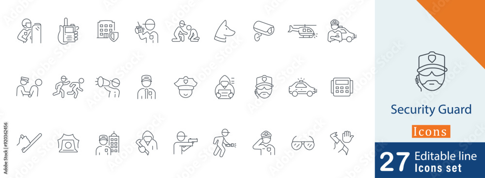 Security Guard editable Icon collection set. containing police van ...