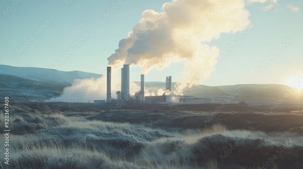 Geothermal power plant with steam rising from the ground Stock Photo ...