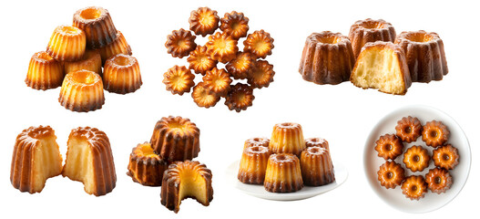 Wall Mural - Canelé Canelés small French pastry dessert on transparent cutout, PNG file. Many assorted different angles, stack, broken, plate, top front view, pile. Mockup template for artwork design