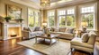 © Caitlin - Cozy living room with freshly painted cream-colored walls, white trim, and soft natural light pouring through large windows and illuminating plush furnishings.