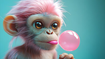 Poster - A cute monkey with pink fur blowing a bubble gum.